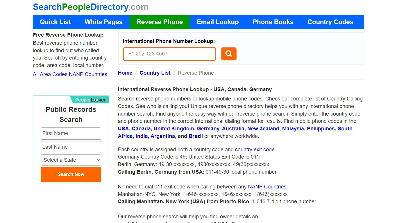 International Reverse Phone Lookup, Country Area Codes